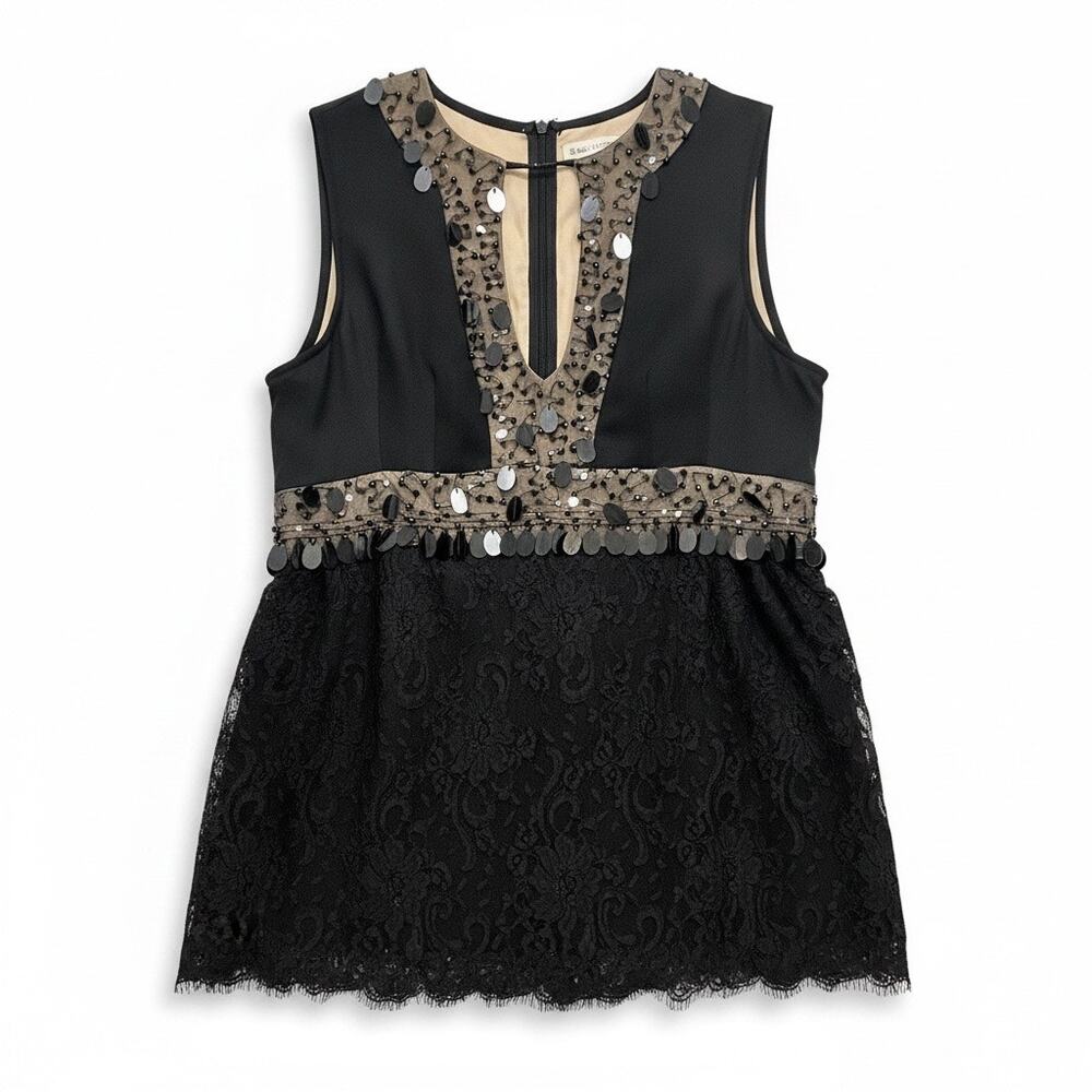 Nanette Lepore Black Silk Lace Beaded Embellished Sleeveless Tunic Top Size 6